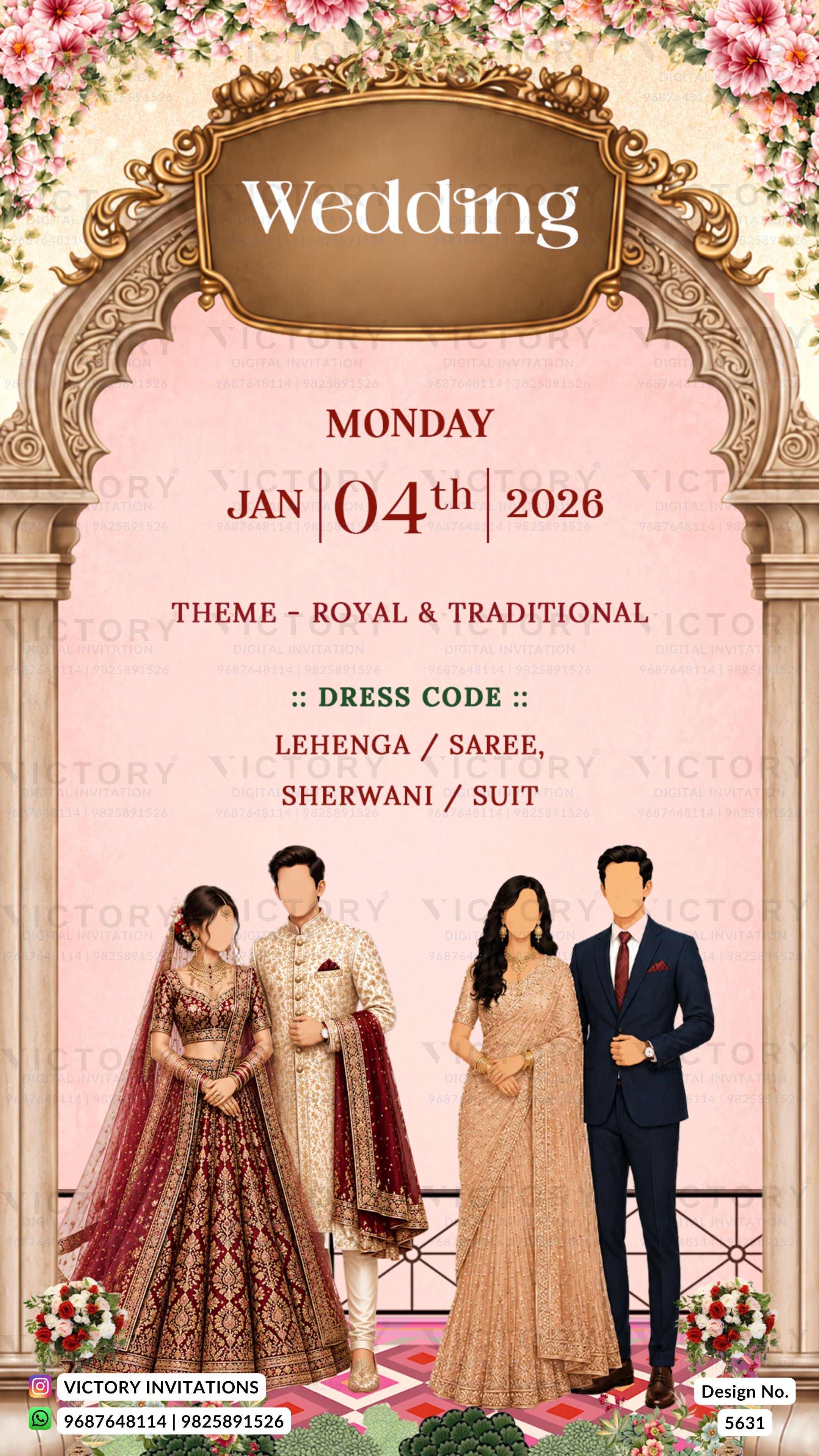 A digital preview of a traditional Indian wedding invitation card featuring an ornate golden arch, pink background, floral borders, and illustrations of a bride and groom in traditional attire.