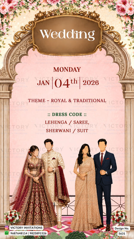 A digital preview of a traditional Indian wedding invitation card featuring an ornate golden arch, pink background, floral borders, and illustrations of a bride and groom in traditional attire.