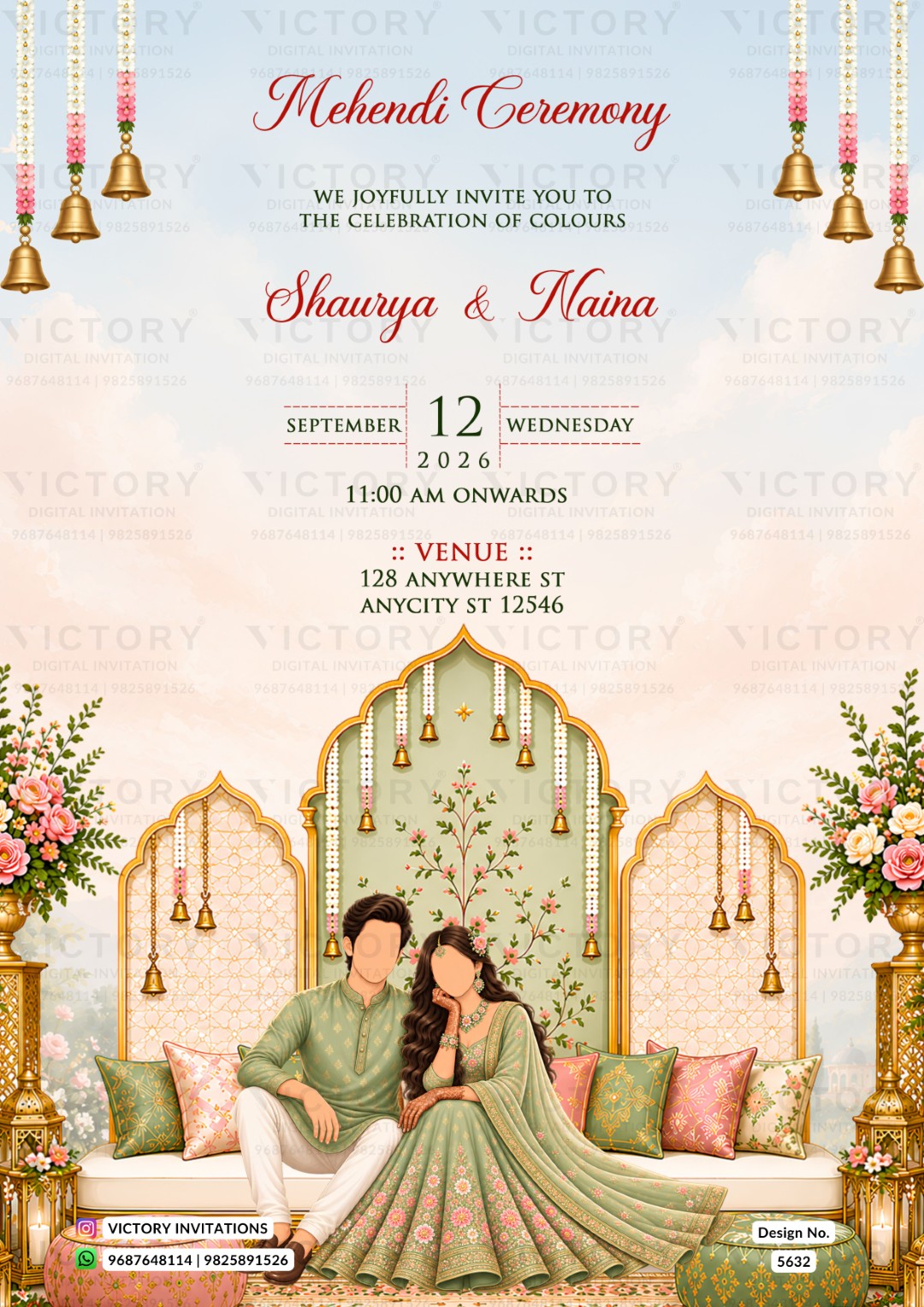 A festive Indian Mehndi ceremony invitation card featuring a traditional arch illustration with a couple seated in the center, hanging brass bells, floral arrangements, and elegant text inviting guests to the event on September 12, 2026.