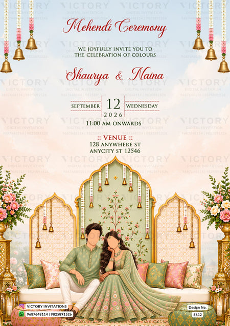 A festive Indian Mehndi ceremony invitation card featuring a traditional arch illustration with a couple seated in the center, hanging brass bells, floral arrangements, and elegant text inviting guests to the event on September 12, 2026.