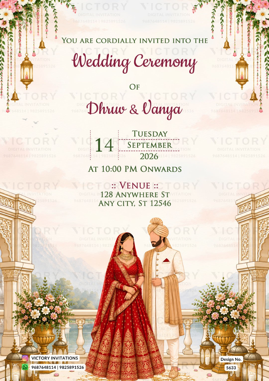 A digital wedding invitation card featuring an Indian wedding theme. The design includes a red and gold traditional lehenga, a white kurta with a beige turban, and a background of classical pillars, floral arrangements, and hanging lanterns.