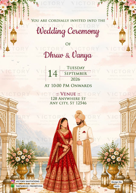 A digital wedding invitation card featuring an Indian wedding theme. The design includes a red and gold traditional lehenga, a white kurta with a beige turban, and a background of classical pillars, floral arrangements, and hanging lanterns.