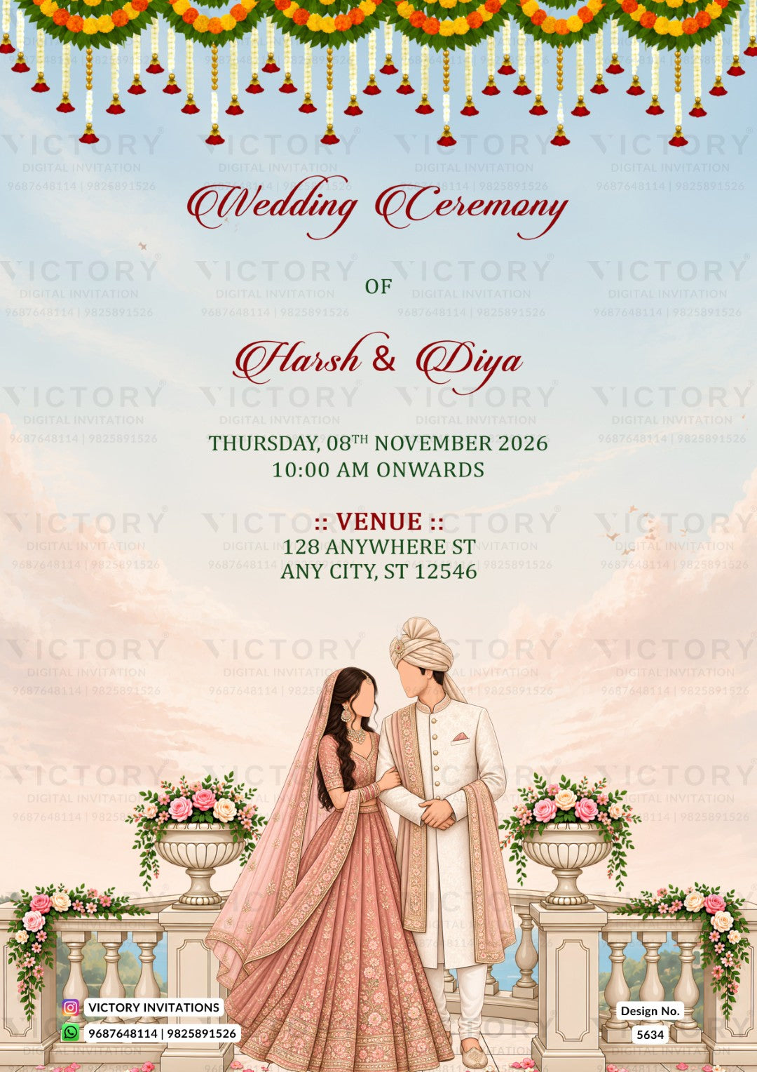 A digital wedding invitation card featuring a traditional Indian theme. The top portion displays a decorative garland with red and yellow tassels against a light blue sky.