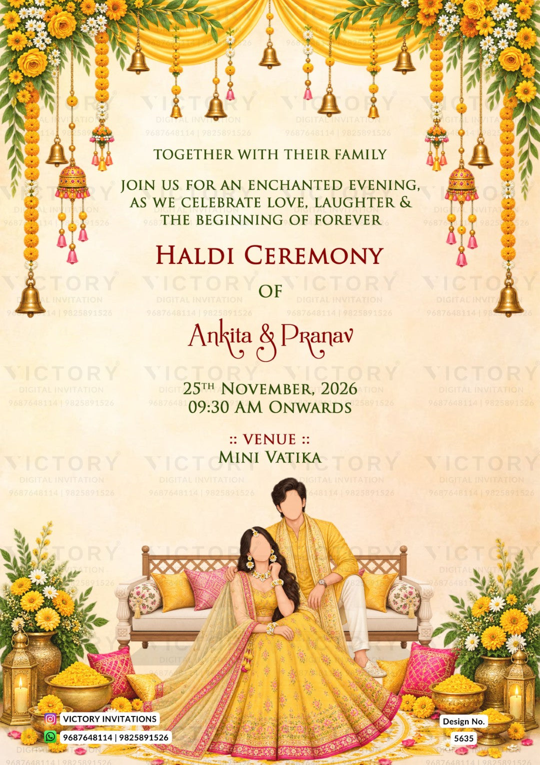 A festive Haldi ceremony invitation card featuring a traditional Indian illustration of a couple in yellow and pink traditional attire, seated on a decorated sofa. The design is adorned with hanging brass bells, marigold garlands, and floral decorations against a warm cream background.