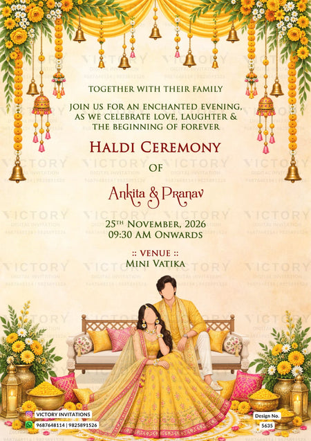 A festive Haldi ceremony invitation card featuring a traditional Indian illustration of a couple in yellow and pink traditional attire, seated on a decorated sofa. The design is adorned with hanging brass bells, marigold garlands, and floral decorations against a warm cream background.