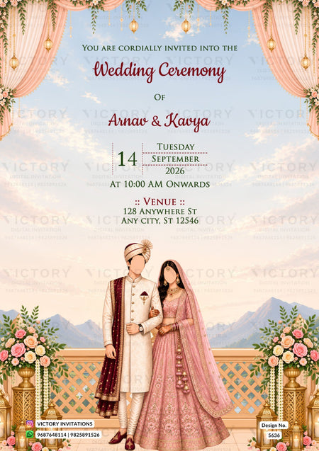 A digital wedding invitation card design featuring a traditional Indian theme. The design includes a light blue sky background with mountains, pink draped curtains, floral arrangements, and an illustration of a bride and groom standing together.