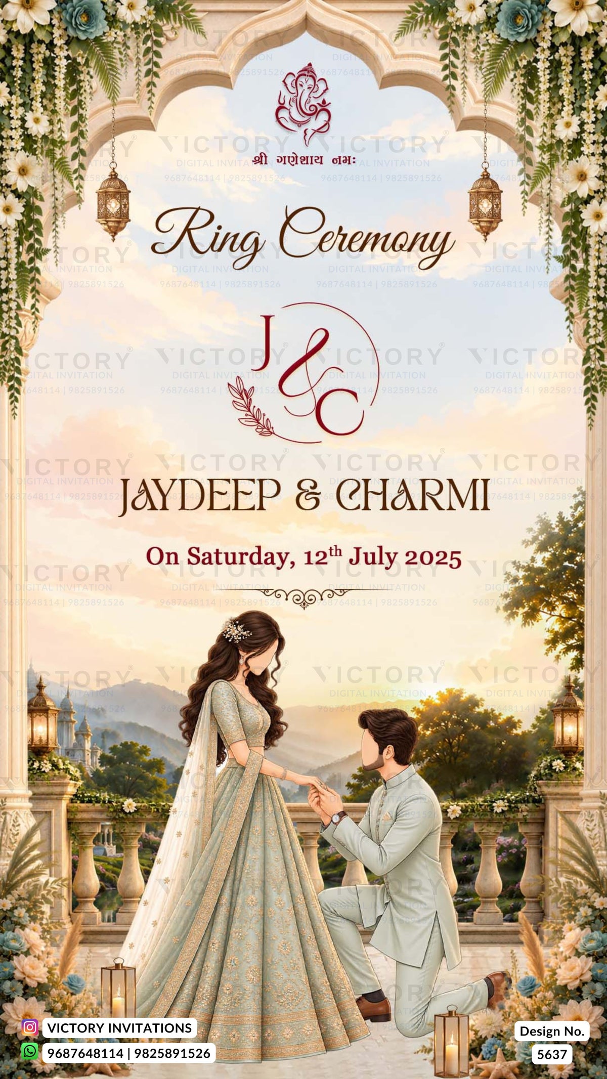 A digital invitation card for a Ring Ceremony featuring a couple in traditional Indian attire on a balcony, framed by an ornate archway with hanging flowers and lanterns. The text reads 'Ring Ceremony', 'J & C', 'JAYDEEP & CHARMI', and 'On Saturday, 12th July 2025'.