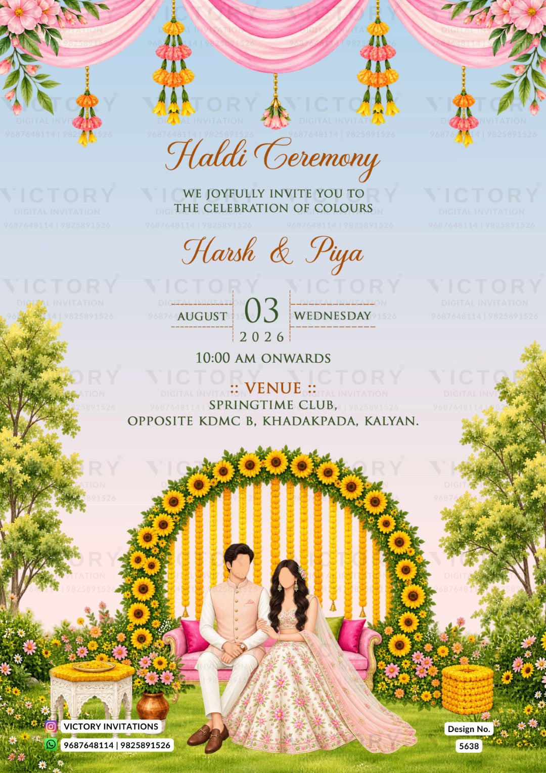 A festive Haldi Ceremony invitation card featuring a colorful illustration of a bride and groom seated under a sunflower arch, with pink draped decorations and hanging marigold ornaments at the top. The text details the event for Harsh & Piya on August 03, 2026, at 10:00 AM at Springtime Club, Kalyan.