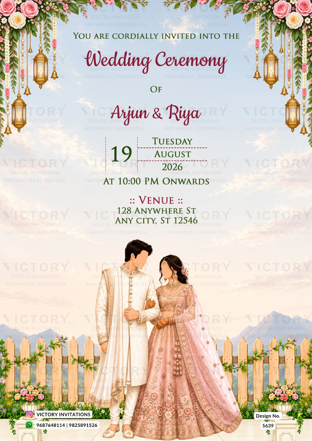 A wedding invitation card featuring a traditional South Asian theme. The design includes a floral garland at the top, hanging lanterns, and a couple standing in front of a picket fence with mountains in the background.