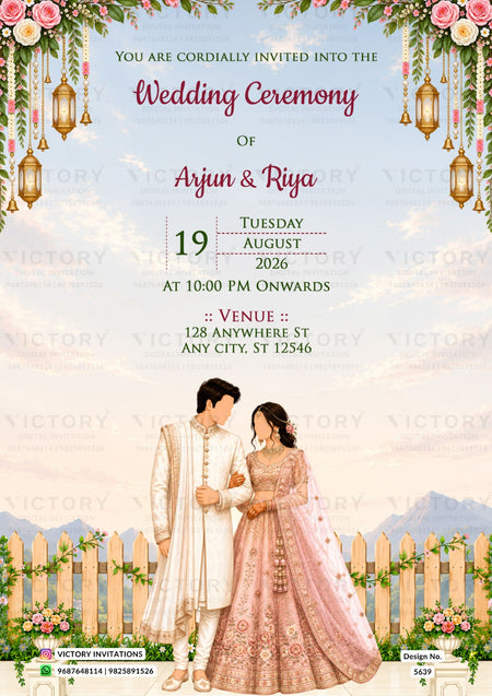 A wedding invitation card featuring a traditional South Asian theme. The design includes a floral garland at the top, hanging lanterns, and a couple standing in front of a picket fence with mountains in the background.