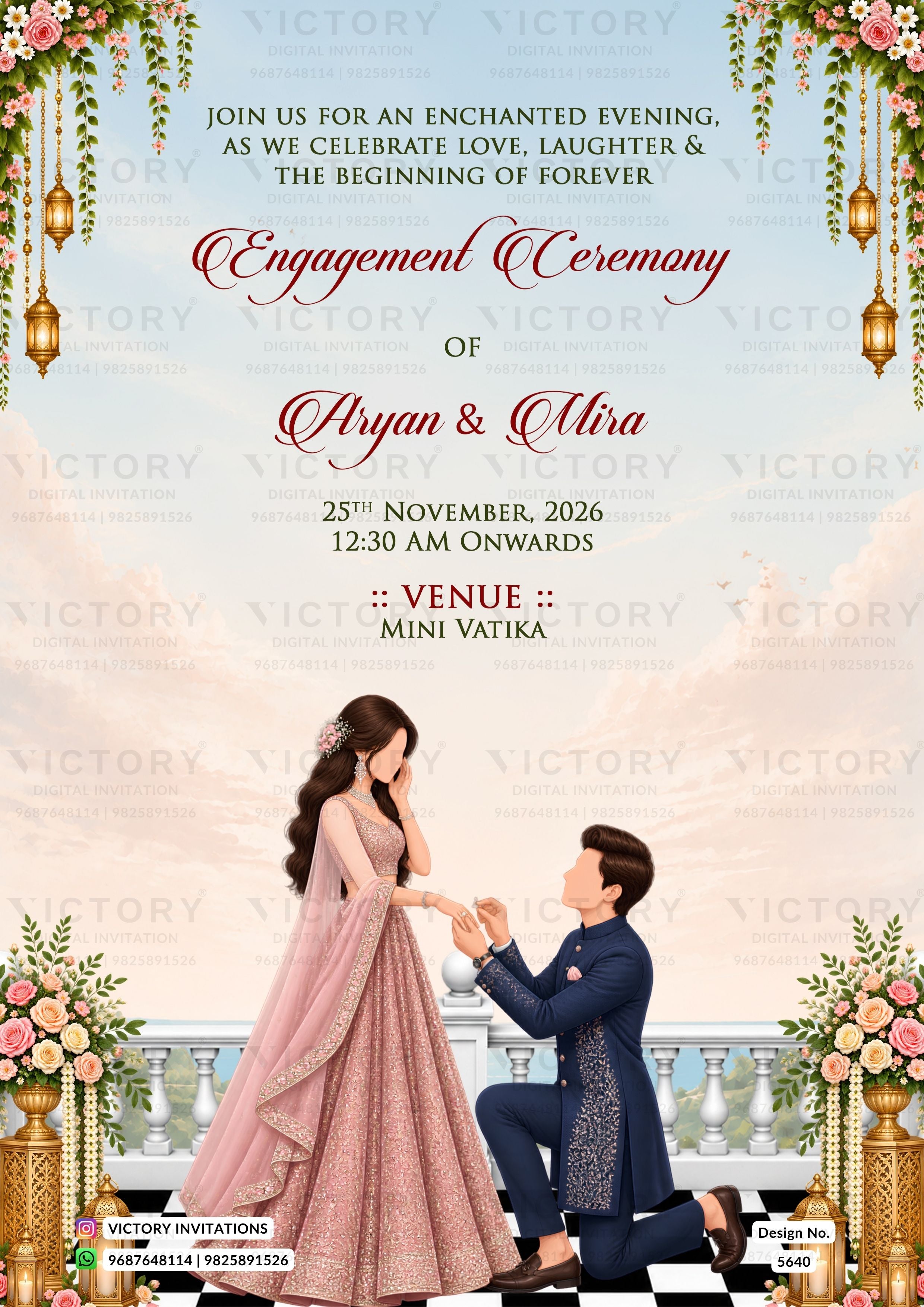 Engagement ceremony invitation card featuring a romantic illustration of a man kneeling and proposing to a woman in a pink gown, with elegant floral arrangements, hanging lanterns, and a soft pastel sky background. Text details the event for Aryan & Mira on 25th November, 2026, at Mini Vatika.