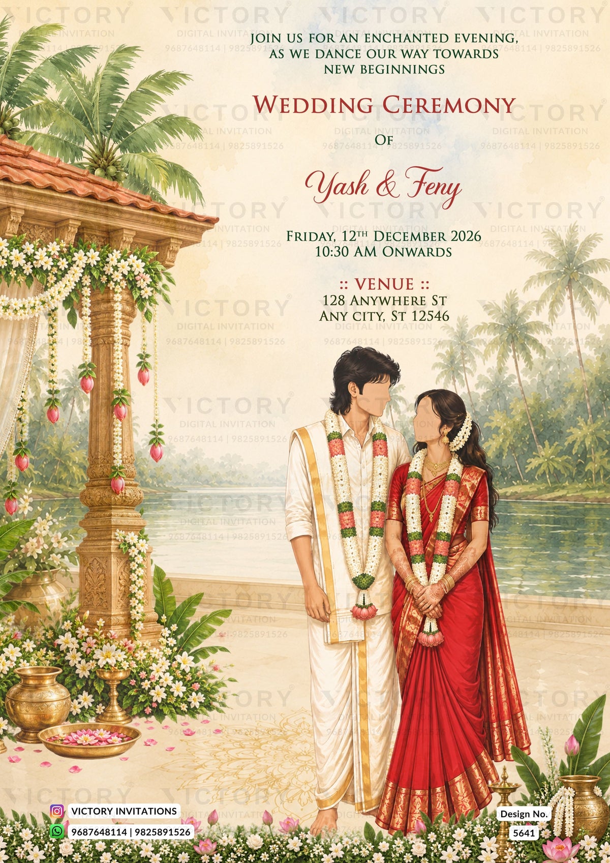 A wedding invitation card featuring an illustrated Indian wedding scene with a bride in a red sari and a groom in a white kurta standing under a decorated temple pavilion by a lake. Text details the wedding of Yash & Feny, date, time, and venue, with Victory Invitations branding at the bottom.