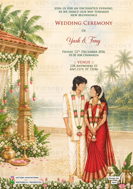 A wedding invitation card featuring an illustrated Indian wedding scene with a bride in a red sari and a groom in a white kurta standing under a decorated temple pavilion by a lake. Text details the wedding of Yash & Feny, date, time, and venue, with Victory Invitations branding at the bottom.