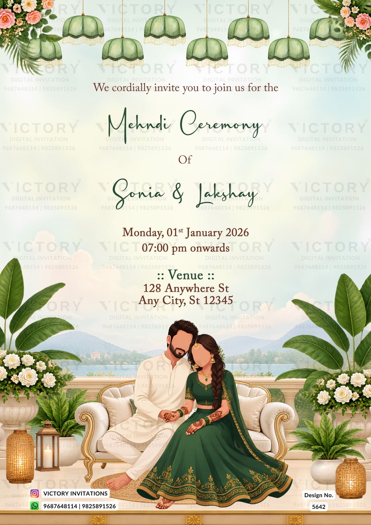 A digital mockup of a Mehndi Ceremony invitation card for Sonia & Lakshay, featuring a traditional Indian illustration of a couple sitting on a sofa, decorated with hanging green lamps and floral borders at the top and bottom.
