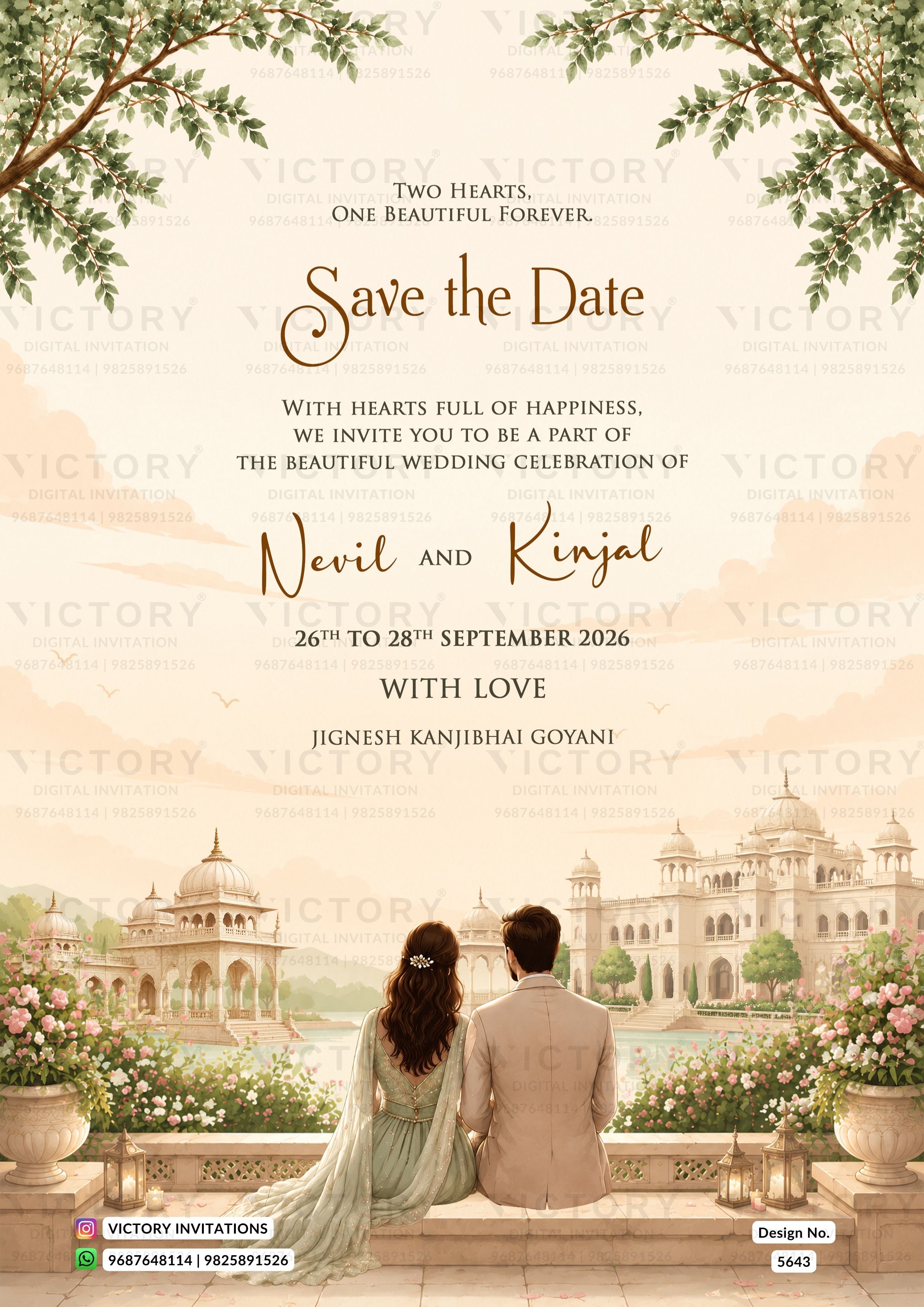 Wedding save the date card design featuring a romantic illustration of a couple in front of a grand palace, framed by leafy branches at the top. The text reads 'Two Hearts, One Beautiful Forever.