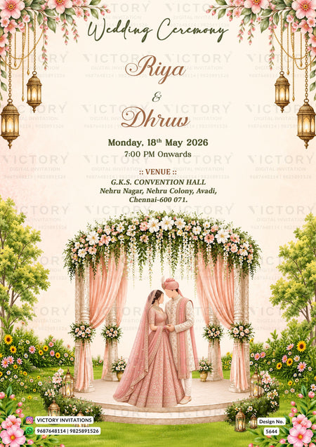 A wedding invitation card design featuring a romantic outdoor ceremony scene with a floral arch, hanging lanterns, pink drapes, and a couple embracing under a canopy. The top text reads 'Wedding Ceremony' with the names 'Riya & Dhruw' and event details below, including the venue 'G.