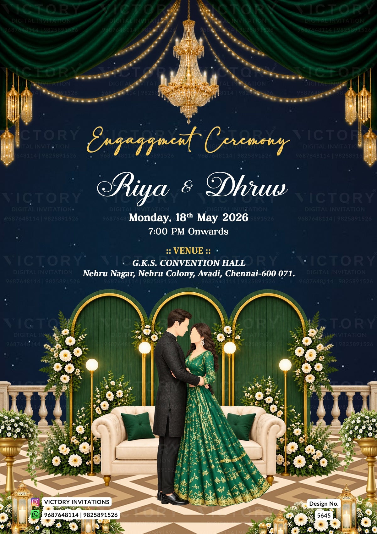 Engagement ceremony invitation card featuring a dark navy blue background with elegant gold typography, green draped curtains, hanging chandeliers, and a central illustration of a couple in formal wedding attire standing in front of an ornate green archway with floral arrangements.