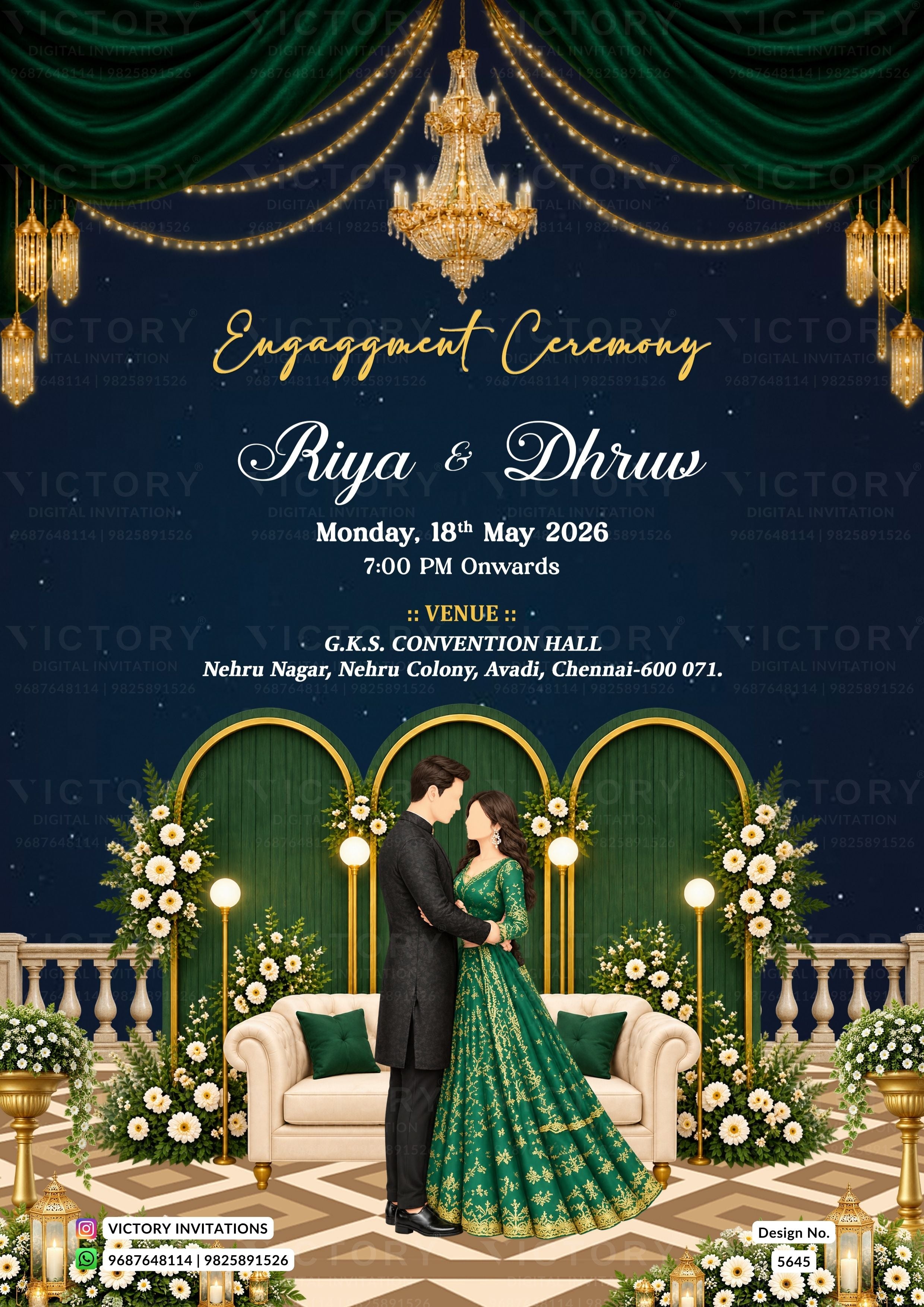 Engagement ceremony invitation card featuring a dark navy blue background with elegant gold typography, green draped curtains, hanging chandeliers, and a central illustration of a couple in formal wedding attire standing in front of an ornate green archway with floral arrangements.