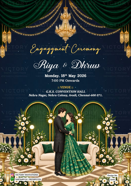 Engagement ceremony invitation card featuring a dark navy blue background with elegant gold typography, green draped curtains, hanging chandeliers, and a central illustration of a couple in formal wedding attire standing in front of an ornate green archway with floral arrangements.