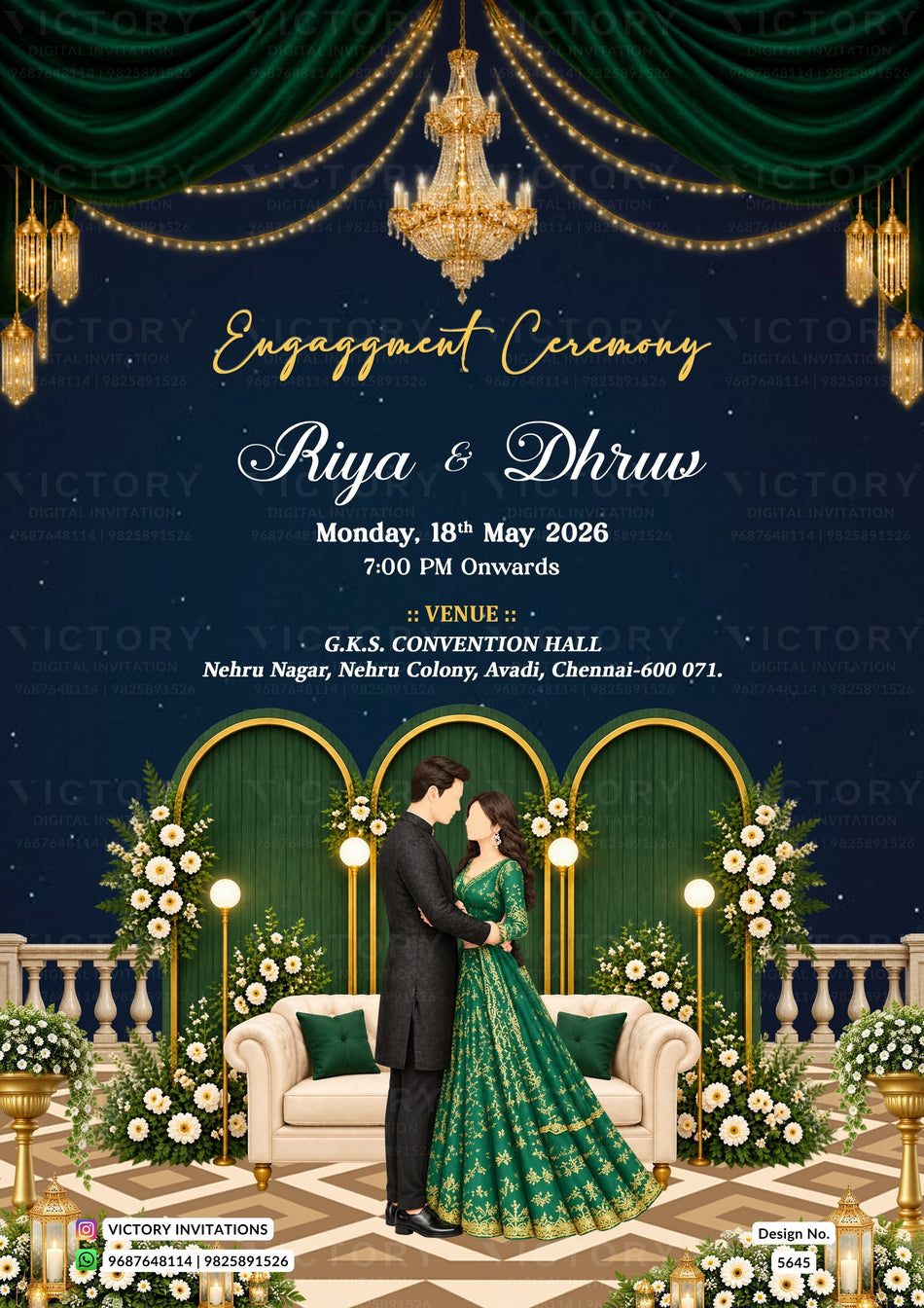 Engagement ceremony invitation card featuring a dark navy blue background with elegant gold typography, green draped curtains, hanging chandeliers, and a central illustration of a couple in formal wedding attire standing in front of an ornate green archway with floral arrangements.