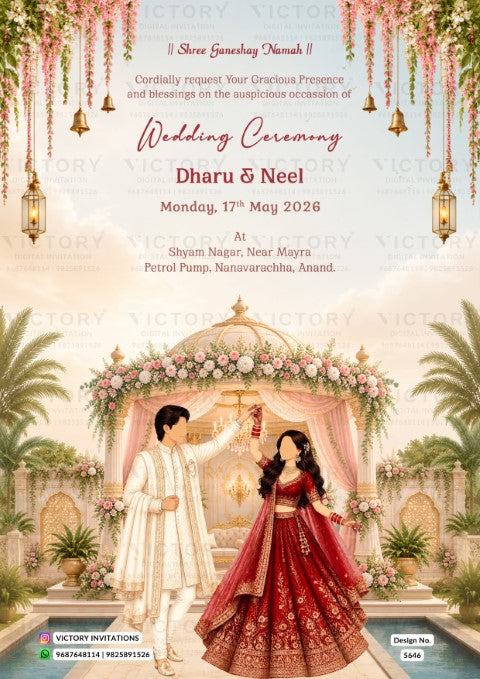 A wedding invitation card design featuring an illustrated traditional Indian wedding scene with a bride in a red lehenga and a groom in a white kurta under a floral arch. The top portion contains event text with 'Wedding Ceremony' and names/date details, decorated with hanging lanterns and pink floral drapes.