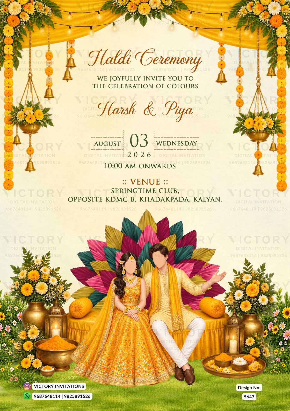 A festive Haldi Ceremony invitation card featuring a colorful illustration of a bride and groom seated on a decorated platform with traditional attire, surrounded by yellow flowers, hanging bells, and decorative garlands. The text details the event date, time, and venue.