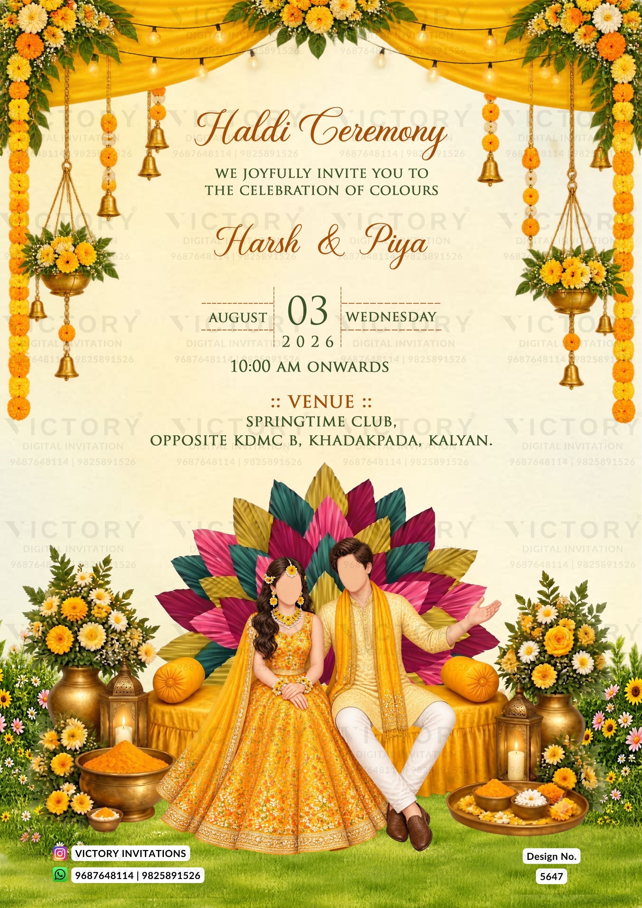 A festive Haldi Ceremony invitation card featuring a colorful illustration of a bride and groom seated on a decorated platform with traditional attire, surrounded by yellow flowers, hanging bells, and decorative garlands. The text details the event date, time, and venue.