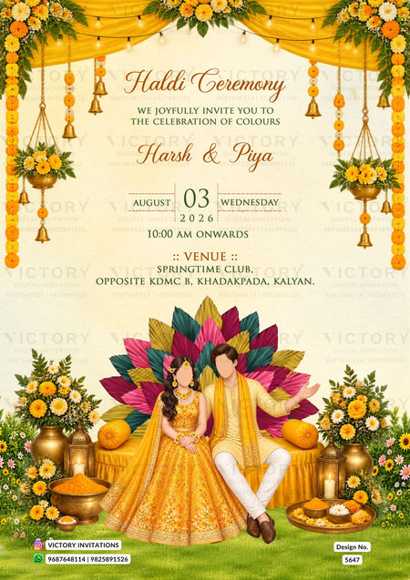 A festive Haldi Ceremony invitation card featuring a colorful illustration of a bride and groom seated on a decorated platform with traditional attire, surrounded by yellow flowers, hanging bells, and decorative garlands. The text details the event date, time, and venue.