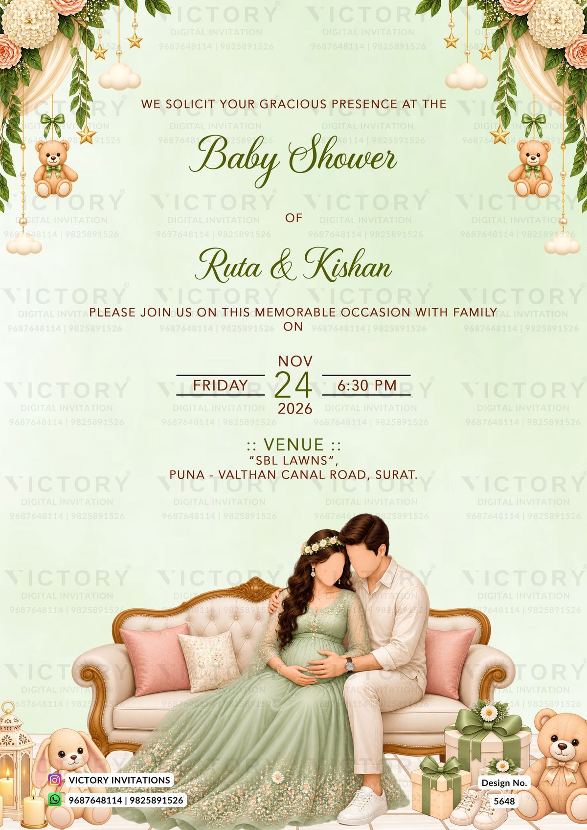 A baby shower invitation card featuring a light green and pink theme. The top half is decorated with floral garlands, teddy bears, and hanging ornaments.