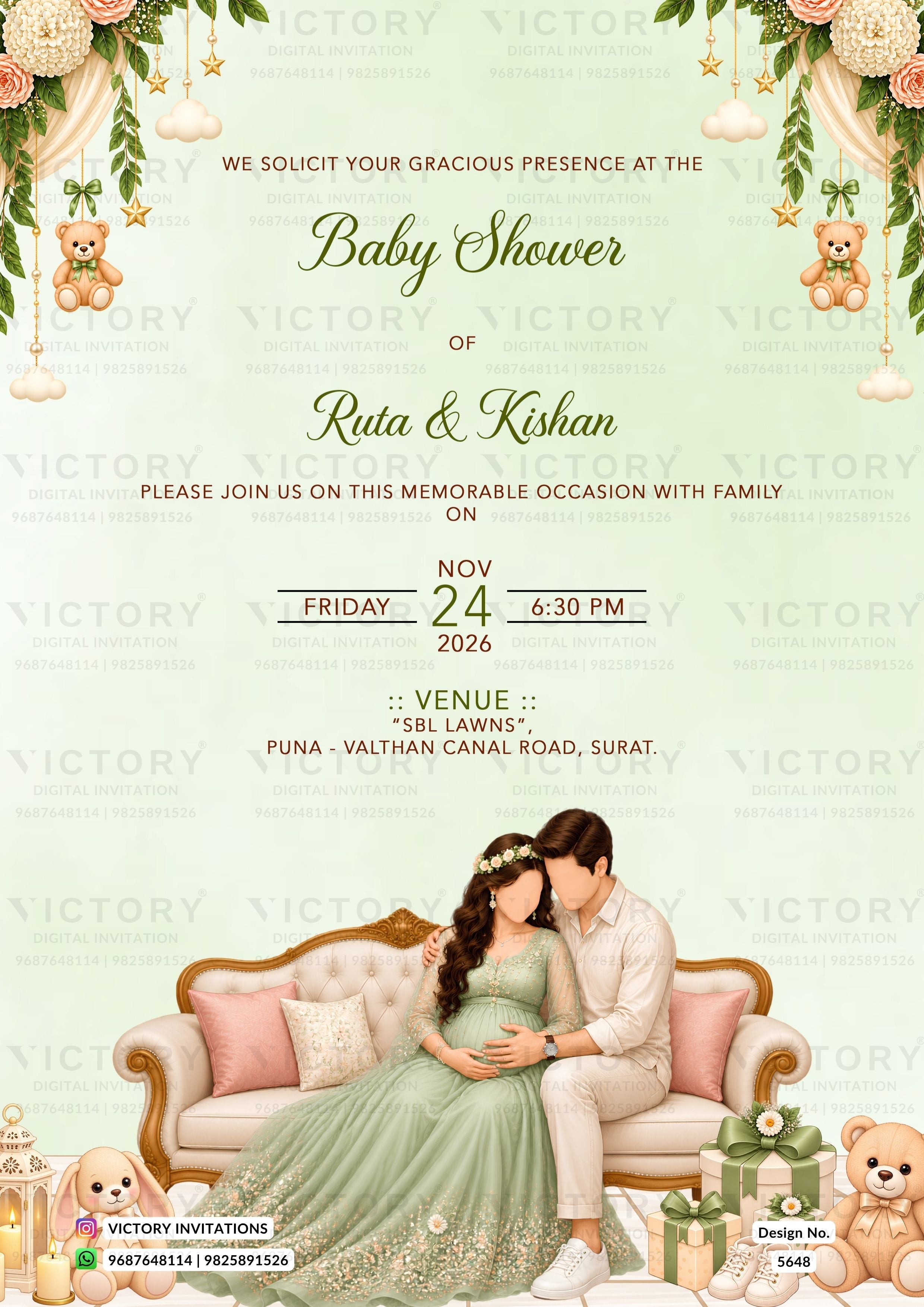 A baby shower invitation card featuring a light green and pink theme. The top half is decorated with floral garlands, teddy bears, and hanging ornaments.