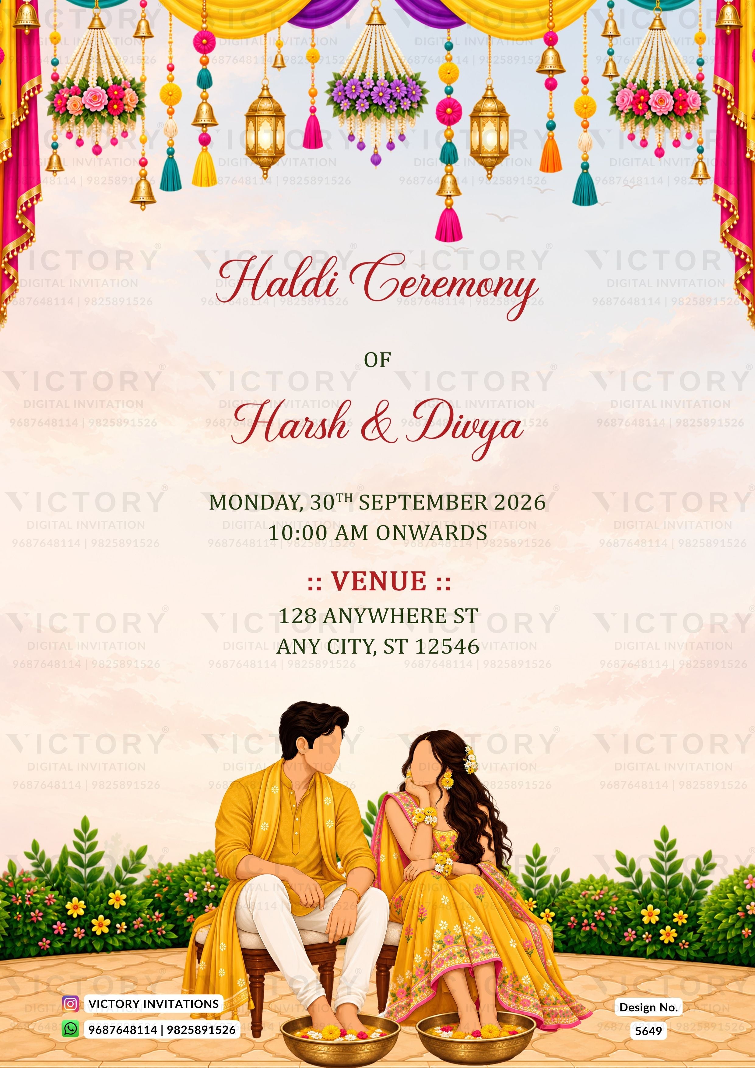 A festive Haldi Ceremony invitation card featuring traditional Indian motifs, including hanging lanterns, floral decorations, and a couple in yellow traditional clothing seated at the bottom. The text details the event for Harsh & Dirya on Monday, 30th September 2026.