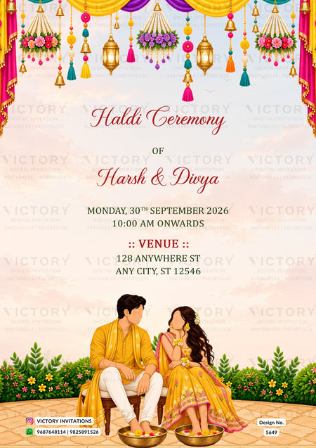 A festive Haldi Ceremony invitation card featuring traditional Indian motifs, including hanging lanterns, floral decorations, and a couple in yellow traditional clothing seated at the bottom. The text details the event for Harsh & Dirya on Monday, 30th September 2026.