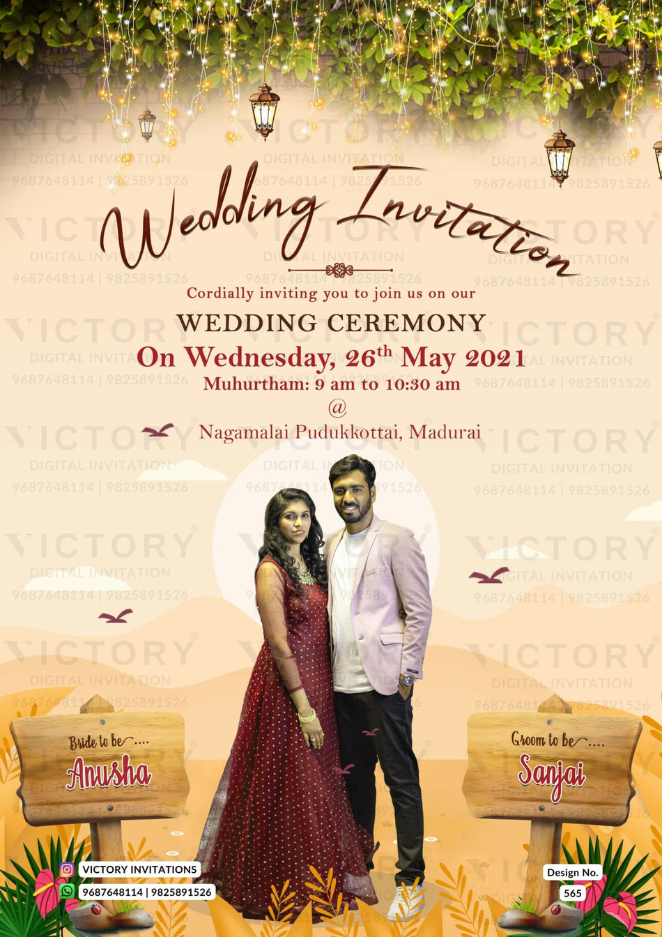 Wedding ceremony invitation card of hindu south indian tamil family in english language with mountain theme design 565