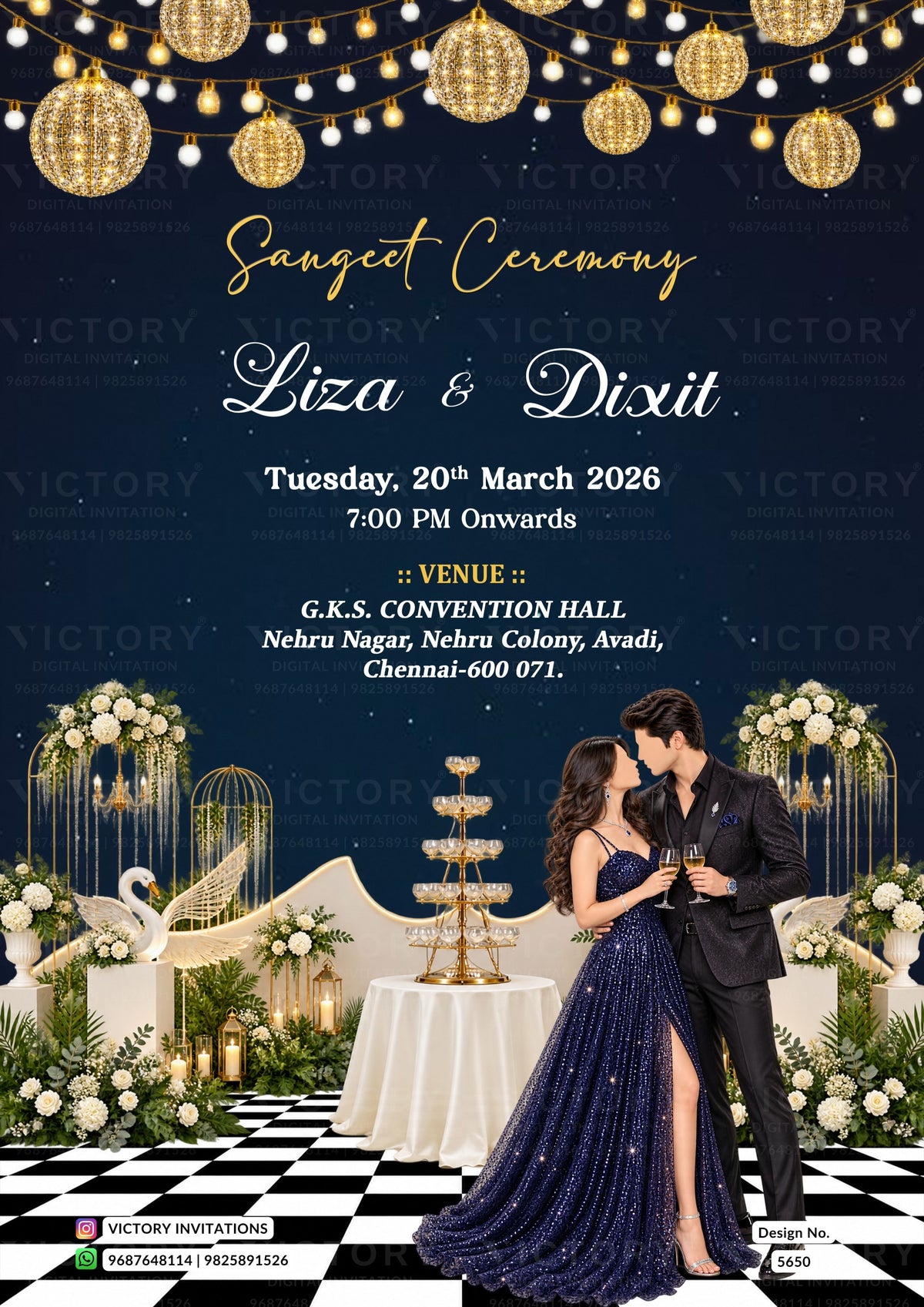 A digital invitation card for a 'Sanctum Ceremony' featuring a couple in formal wear on a checkered floor, with a champagne tower, swans, and hanging gold lanterns against a dark blue starry sky background. The text details the event date, time, and venue.