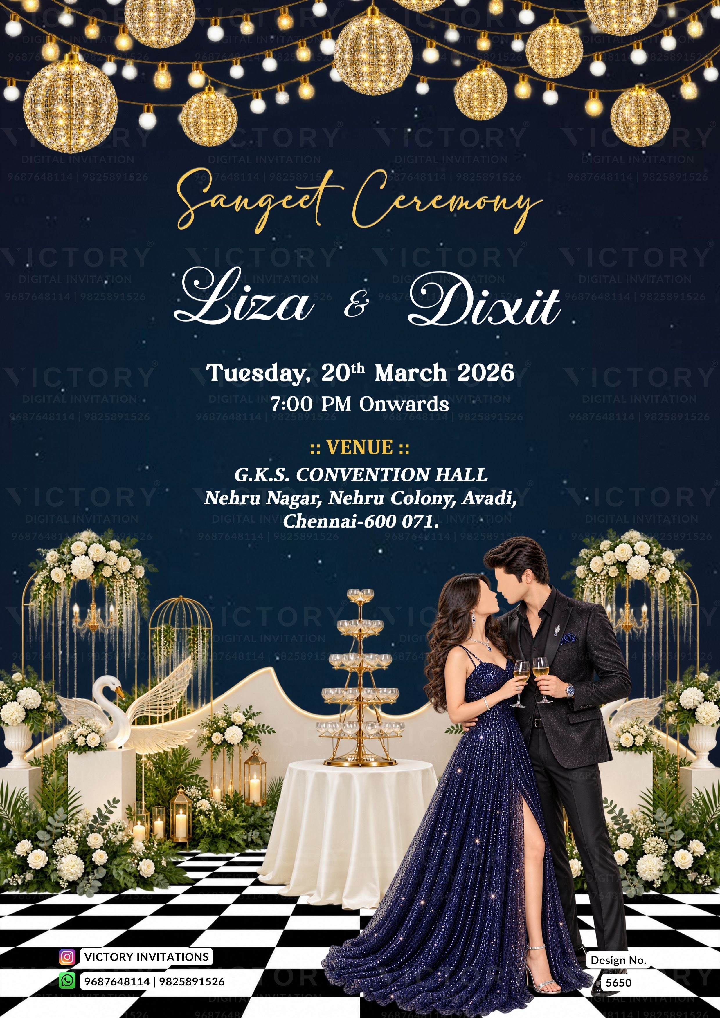 A digital invitation card for a 'Sanctum Ceremony' featuring a couple in formal wear on a checkered floor, with a champagne tower, swans, and hanging gold lanterns against a dark blue starry sky background. The text details the event date, time, and venue.