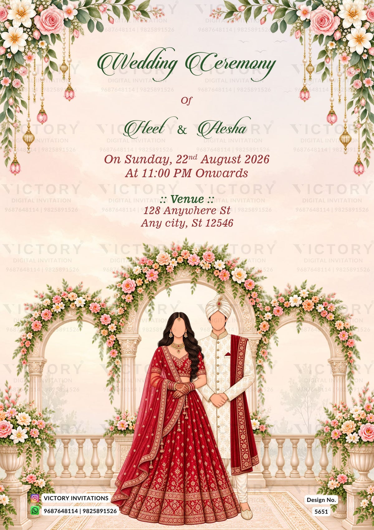 A wedding invitation card design featuring a traditional South Asian wedding theme. The card has a light pink background with elegant green and red text reading 'Wedding Ceremony of Heel & Alesha'.