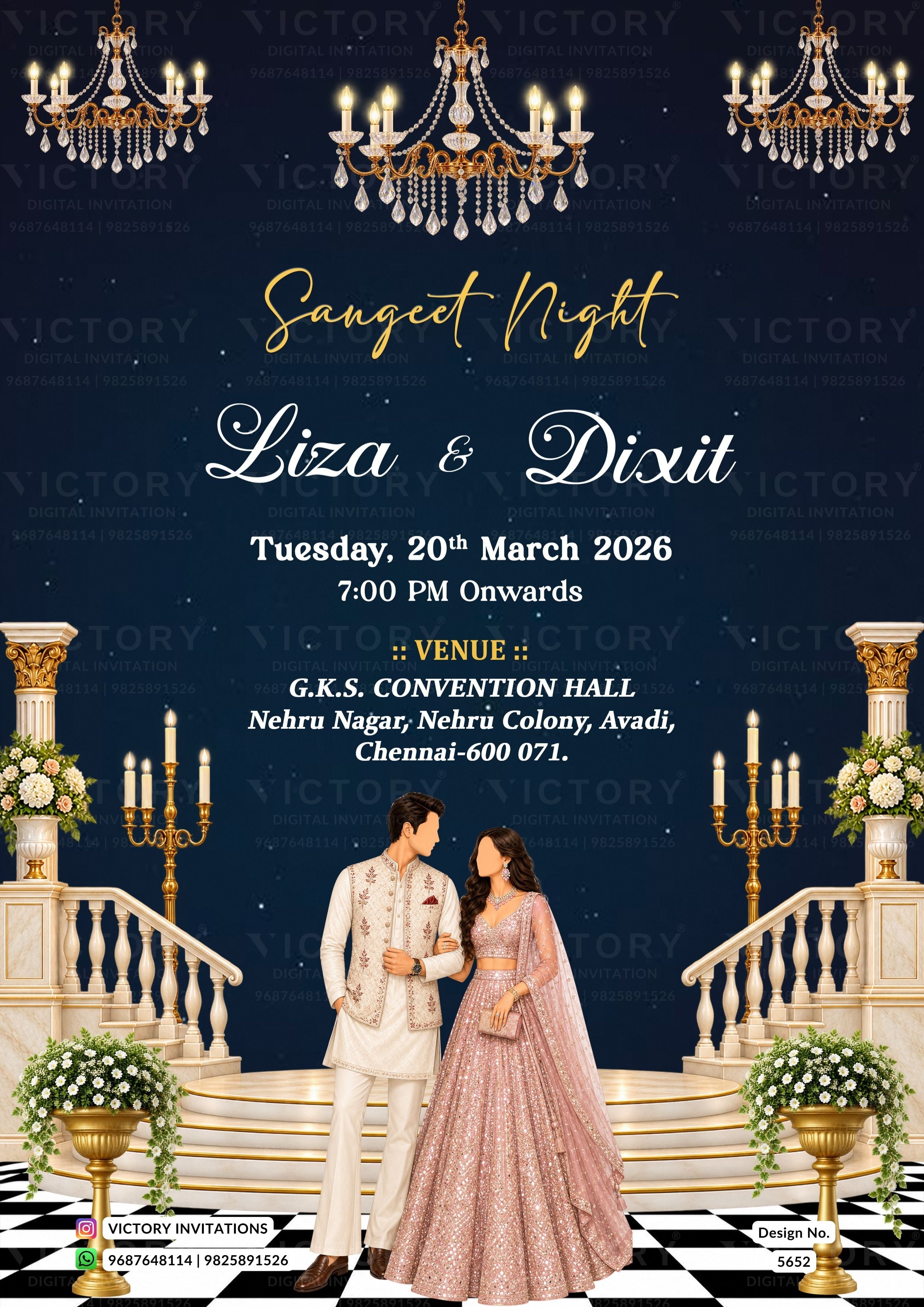 A digital wedding invitation card design for 'Sanjeet Night' featuring a couple in formal wear on an ornate staircase, with gold chandeliers and candelabras against a dark navy starry background. The text details the event date, time, and venue.