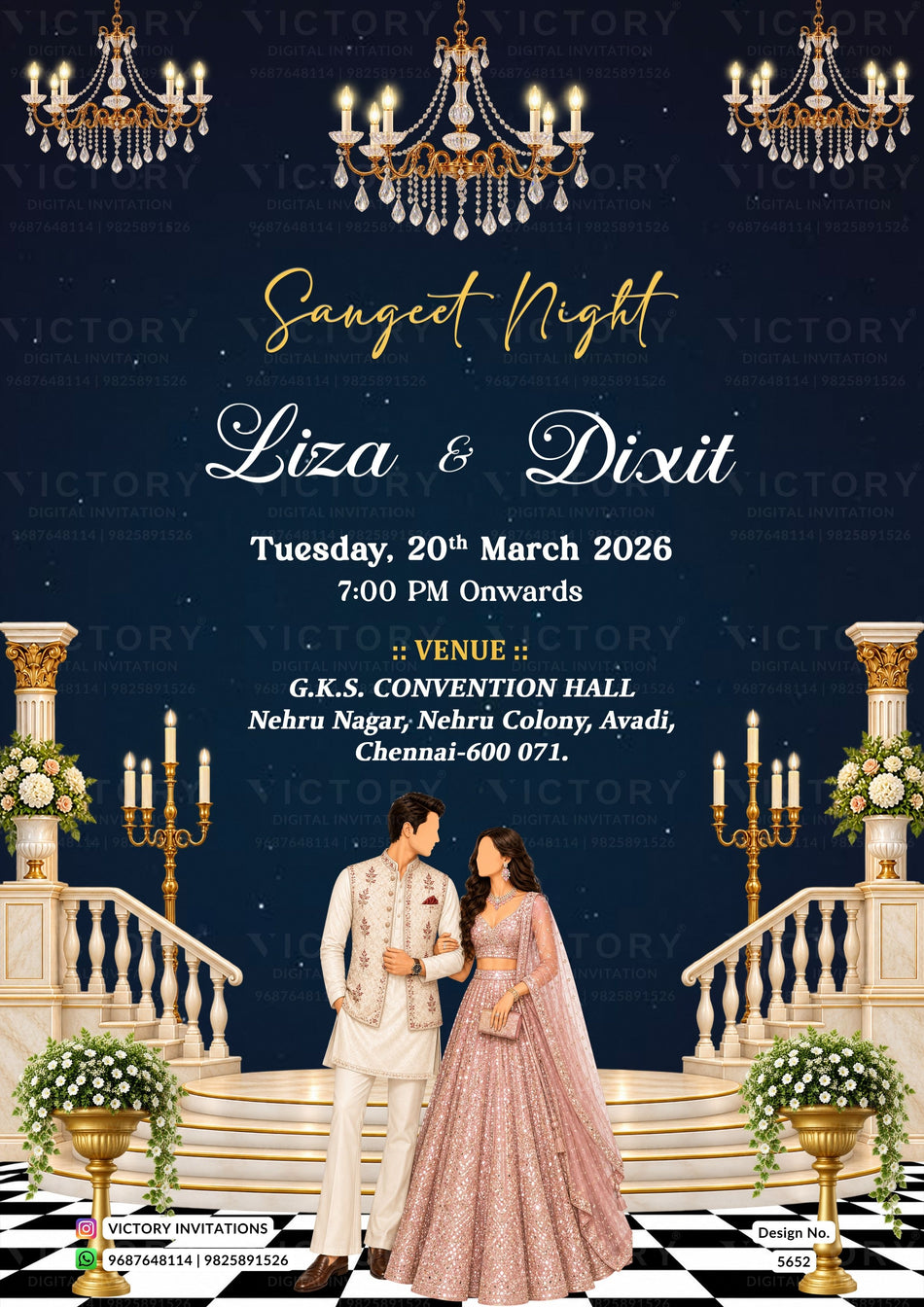 A digital wedding invitation card design for 'Sanjeet Night' featuring a couple in formal wear on an ornate staircase, with gold chandeliers and candelabras against a dark navy starry background. The text details the event date, time, and venue.