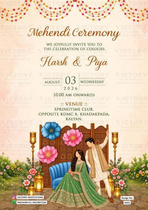 Mehendi ceremony invitation card in english language with Festive Bloom & Wooden Screen Mehendi Ceremony theme design 5653