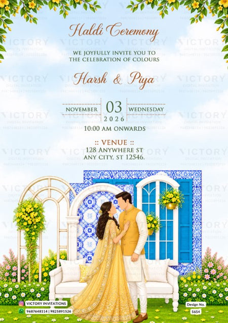 Haldi Ceremony invitation card featuring a colorful illustration of a couple in traditional Indian attire standing in front of a blue patterned archway and white sofa, with event details written above in elegant text.