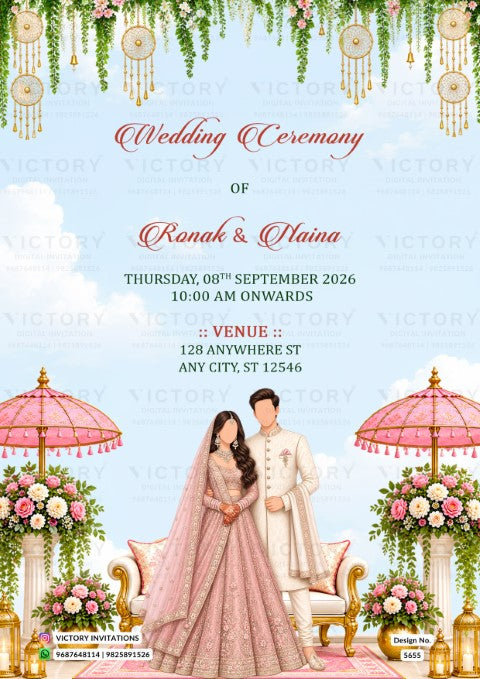 Wedding ceremony invitation card of hindu Pastel Pink & Gold Dreamcatcher Wedding in english language with floral theme design 5655