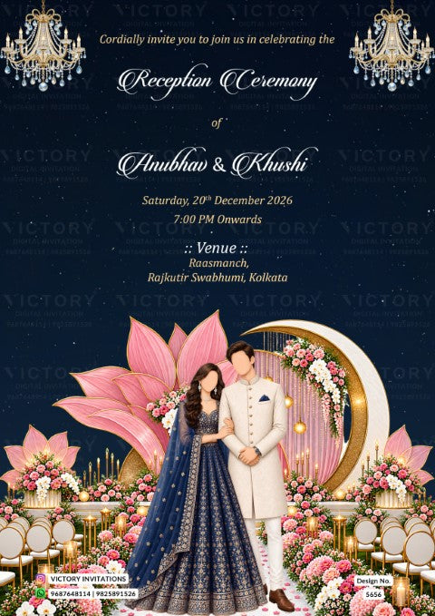 A digital Indian wedding invitation card featuring a dark navy blue starry background with gold chandeliers, a pink lotus flower, a gold crescent moon, and an illustrated couple in traditional and modern wedding attire surrounded by pink flowers and gold tables.