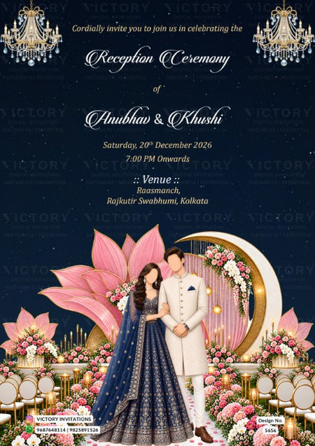 A digital Indian wedding invitation card featuring a dark navy blue starry background with gold chandeliers, a pink lotus flower, a gold crescent moon, and an illustrated couple in traditional and modern wedding attire surrounded by pink flowers and gold tables.