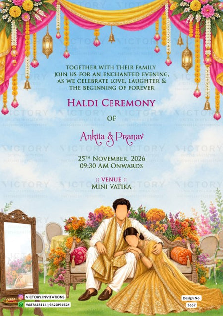 A colorful Haldi ceremony invitation card featuring a light blue sky background, decorated with pink and yellow floral garlands, hanging lanterns, and an illustrated couple in traditional Indian attire seated on a couch surrounded by flowers. Text details the event for Ankita & Pravan on 25th November, 2026, at 9:30 AM at Mini Vatika venue.