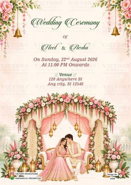 A wedding invitation card design featuring a pink and gold traditional Indian wedding scene. The top text reads 'Wedding Ceremony of Heel & Nisha' with event details, while the bottom shows a couple seated under a floral arch with hanging lanterns.
