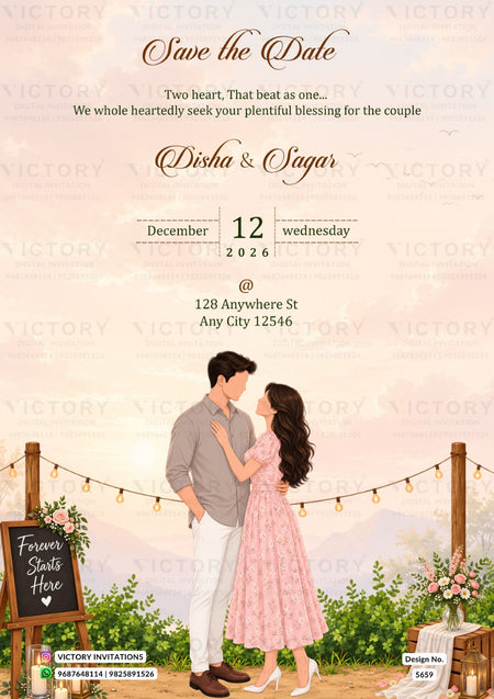A square wedding save-the-date invitation card featuring an illustrated couple embracing outdoors, with string lights, flowers, and a chalkboard sign. The top text reads 'Save the Date' with names 'Disha & Sugar' and event details including December 12, 2026, and an address.