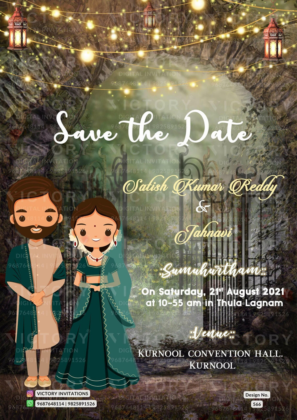 Save the Date card in english language with couple doodle as horror theme design 566