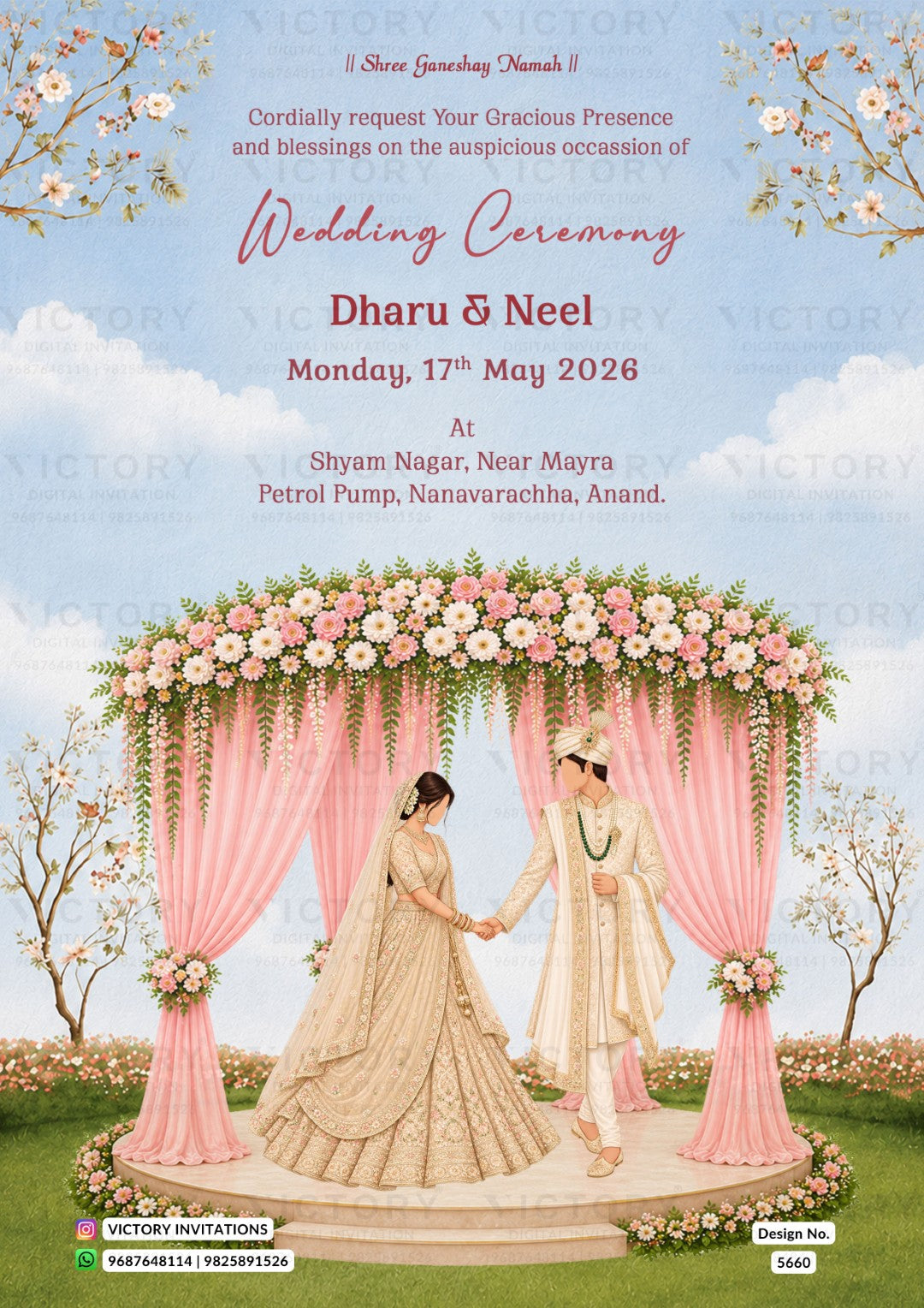 A wedding invitation card featuring an illustrated outdoor ceremony scene with a bride and groom standing under a floral arch with pink drapes. The card includes event text for Dharu & Neel, dated Monday, 17th May 2026, with decorative blossoms and a soft blue sky background.
