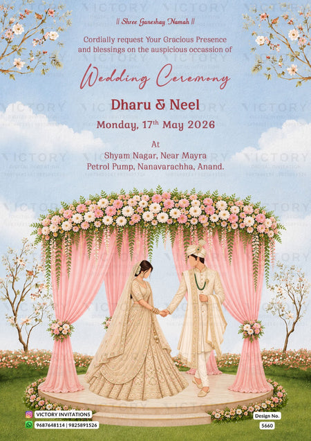 A wedding invitation card featuring an illustrated outdoor ceremony scene with a bride and groom standing under a floral arch with pink drapes. The card includes event text for Dharu & Neel, dated Monday, 17th May 2026, with decorative blossoms and a soft blue sky background.