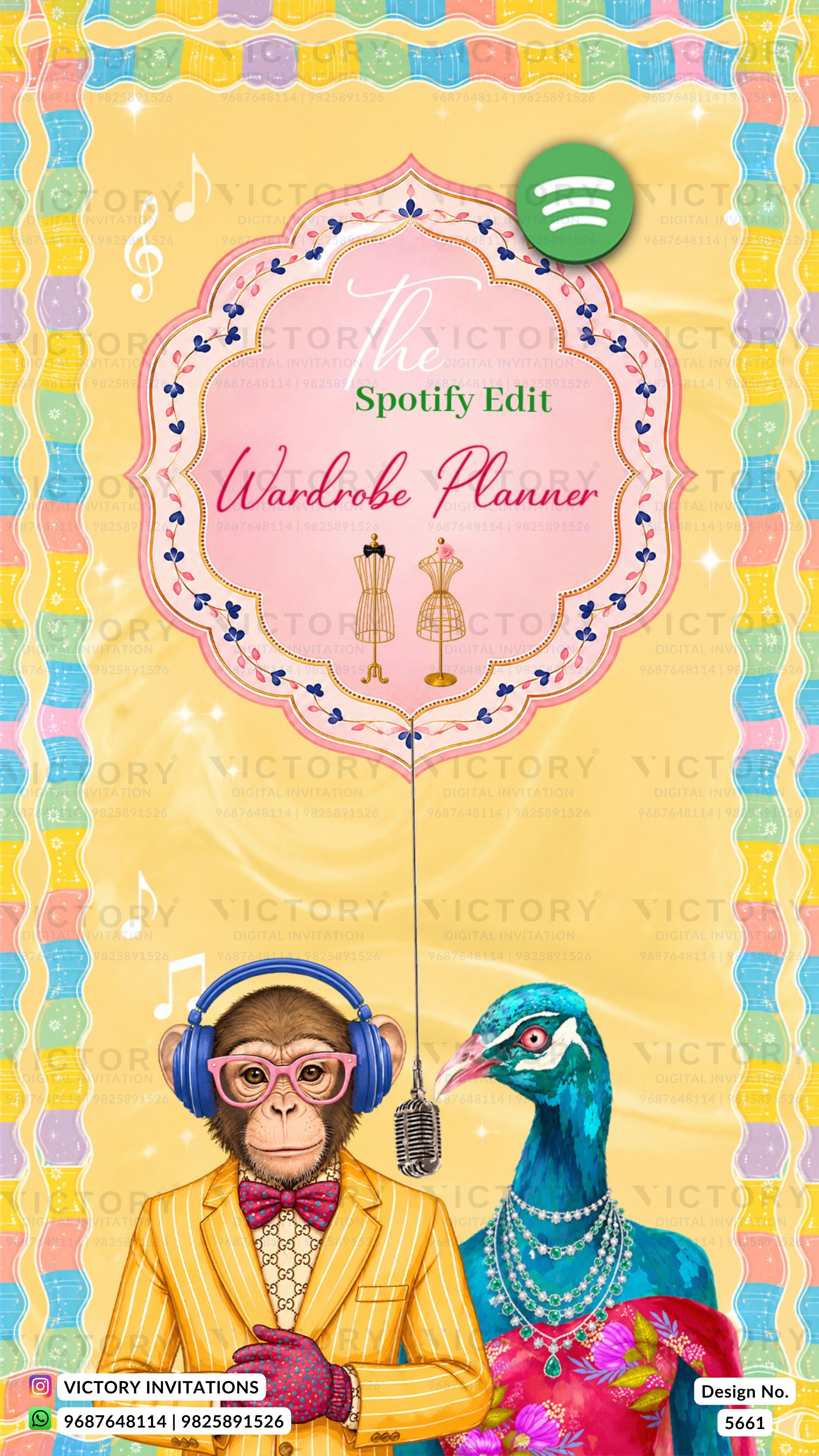 A colorful digital cover design for a Spotify edit titled 'The Wardrobe Planner' by Victory Invitations. The artwork features a pink ornate frame with the title, a Spotify logo, and two illustrated characters below: a monkey wearing a yellow striped suit and blue headphones next to a blue peacock with a floral dress.